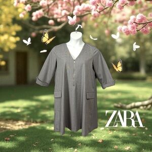 Zara, Checked Dress With Zipper And Pockets, Large, Gray